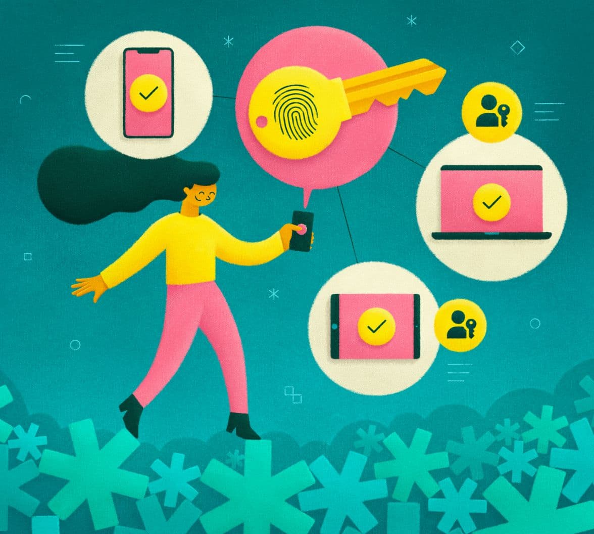 There’s a woman walking over grass using her fingerprint as a passkey to log in to a mobile device. Other mobile devices floating around show an indicator that they also support that same passkey.