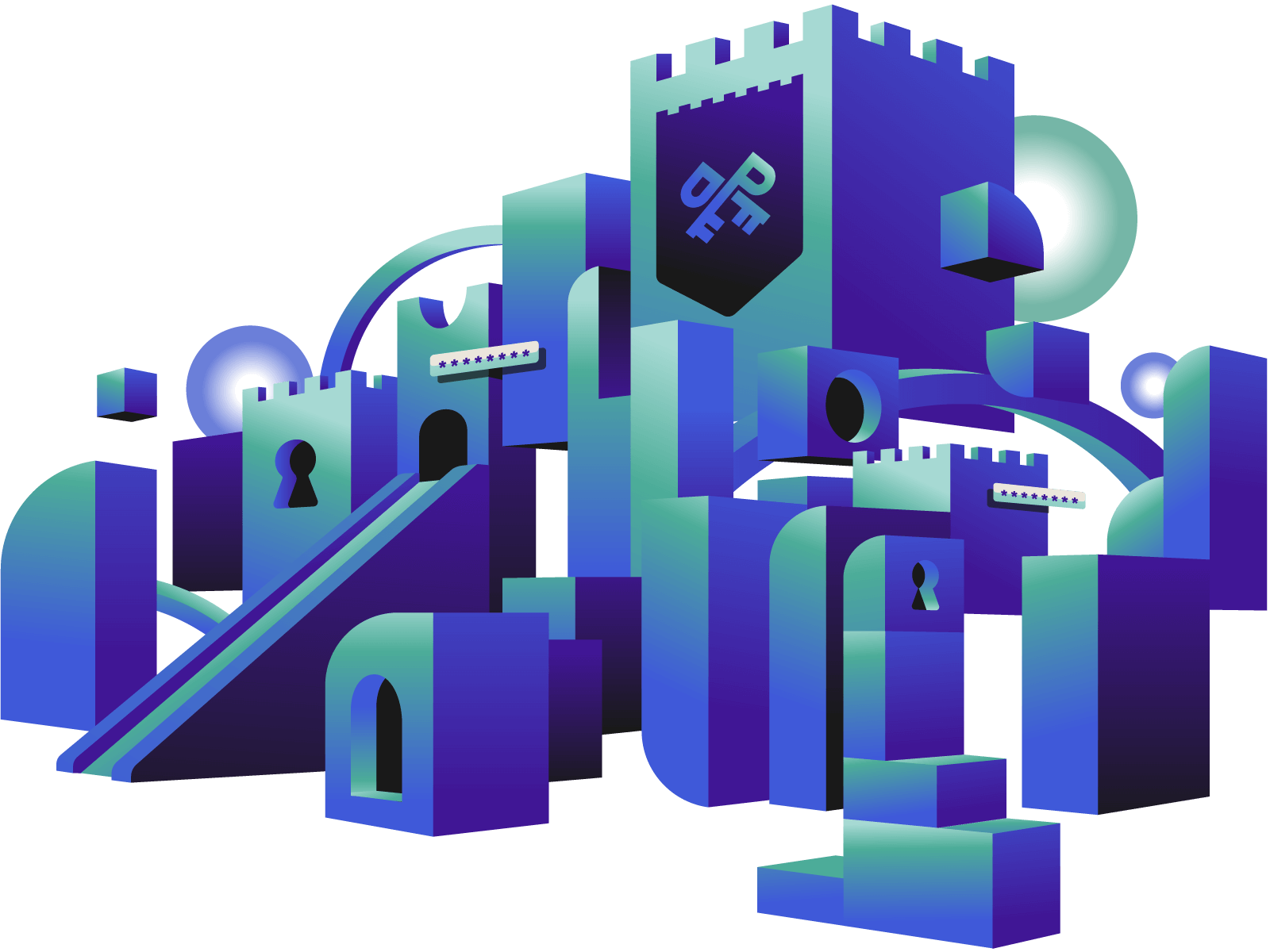 A castle is themed after passkeys. The castle has large banner rolling down its middle and tallest tower. The banner has the symbol of the Passkeys Playground: a pair of cross medieval keys, each resembling the letter P. The castle has windows shaped like keyholes.