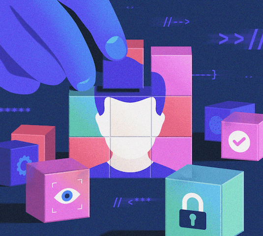 A hand is putting together a puzzle, which depicts a person's face. The puzzle is made up of cubes.