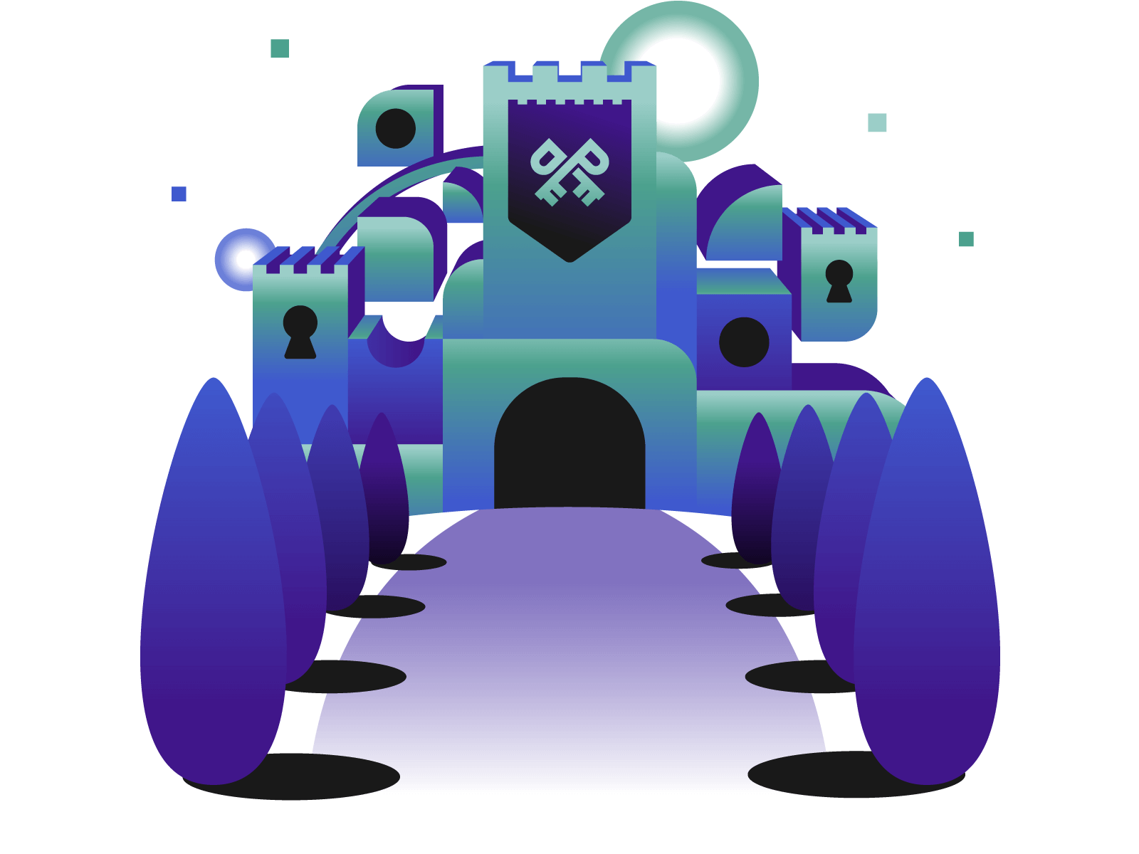 There is a path leading to a castle. The path has rows of trees on its sides. The castle is themed after passkeys. It has a large banner rolling down its middle and tallest tower. The banner has the symbol of the Passkeys Playground: a pair of cross medieval keys, each resembling the letter P. The castle has windows shaped like keyholes.