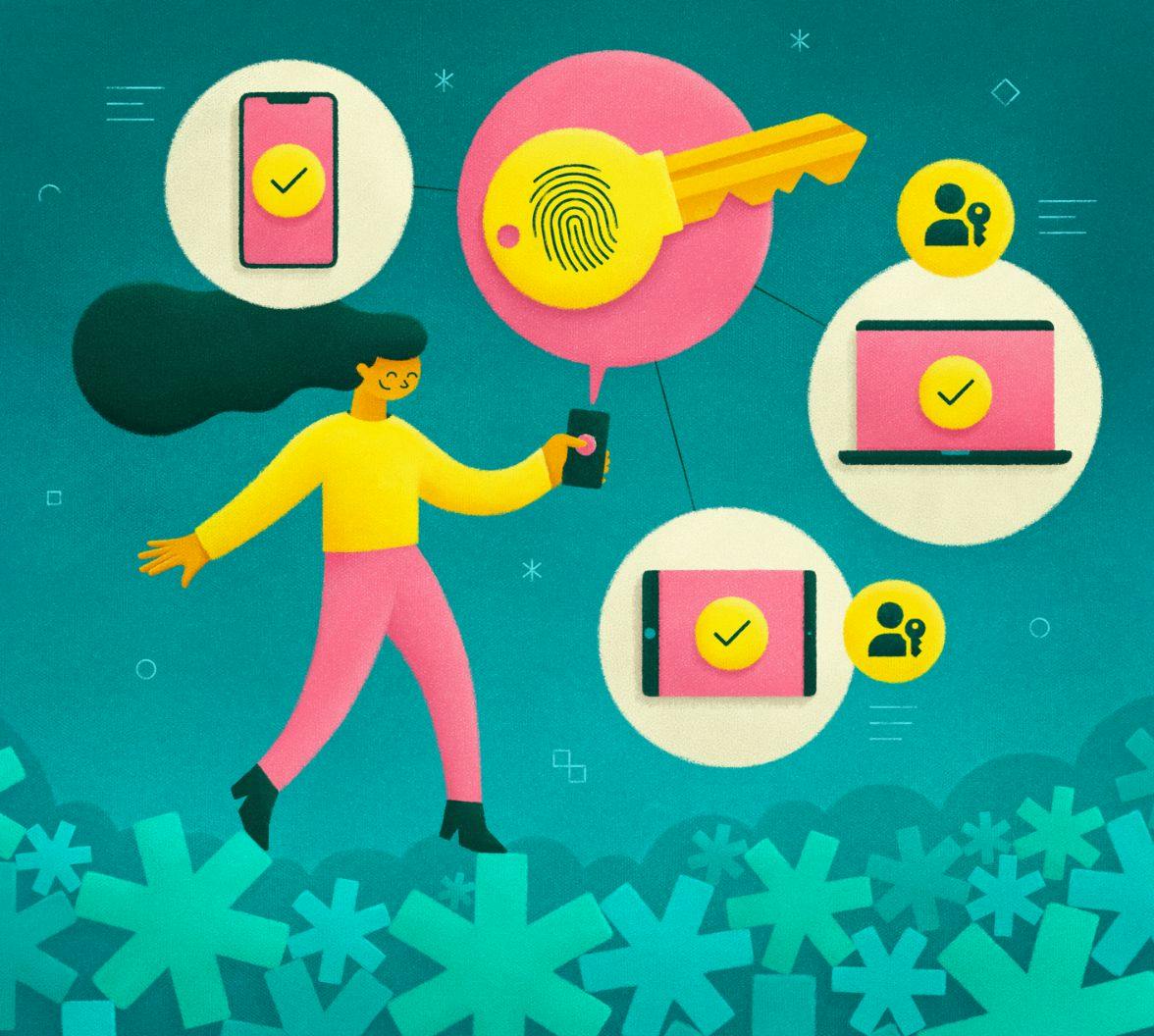 A women holding a phone that has a key with a fingerprint on it coming out of it through a speech bubble.
